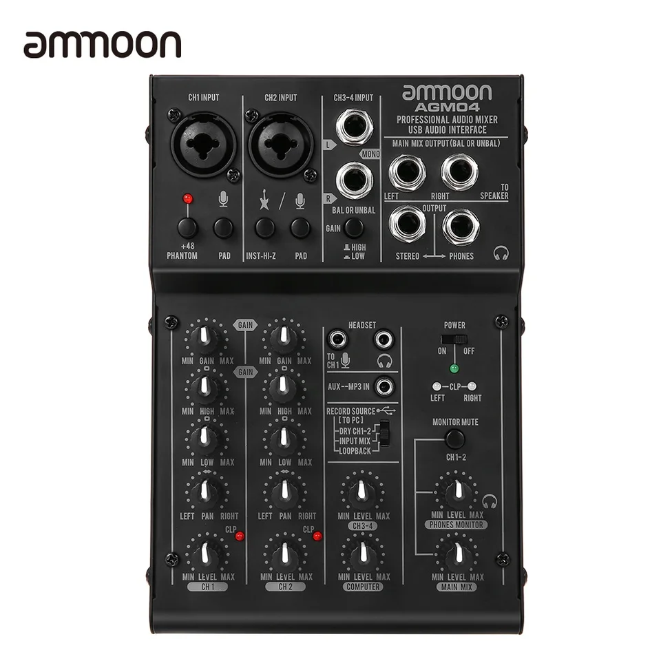 Ammoon 4-チャンネルコンソールデジタルオーディオミキサー2バンドeq
