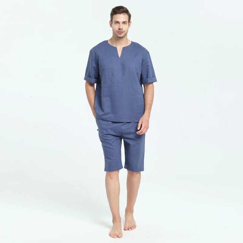 Mens Natural Linen Cotton Short Sleeve Pajamas Set with Shorts Sleep Top Sleepwear Home Wear Loungewear