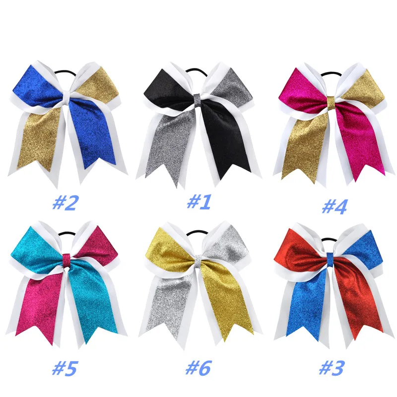 7 Inch Glitter Powder Girls Hair Bows Grosgrain Ribbon Bows Ties Elastic Hair Band Ponytail Hair Holder Accessories For Kids