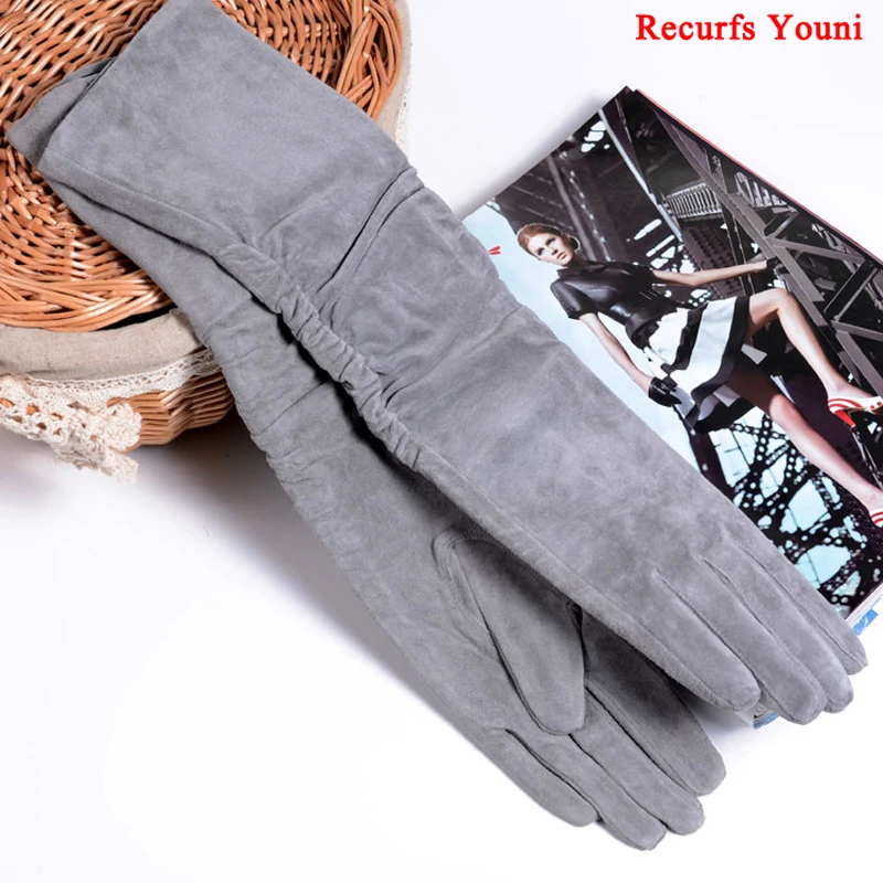 2024 Fall/Winter Fashion Women Pigskin Suede Genuine Leather Fold Long Glove Lady 30/40/50cm Black/Pink/Red Classic Luvas Mujer