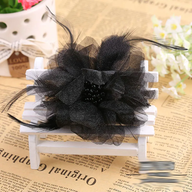 New Elegant Delicate fabric organza flower brooches pins Feather Bead brooches Vintage Brooch for women Birthday Christmas Gift