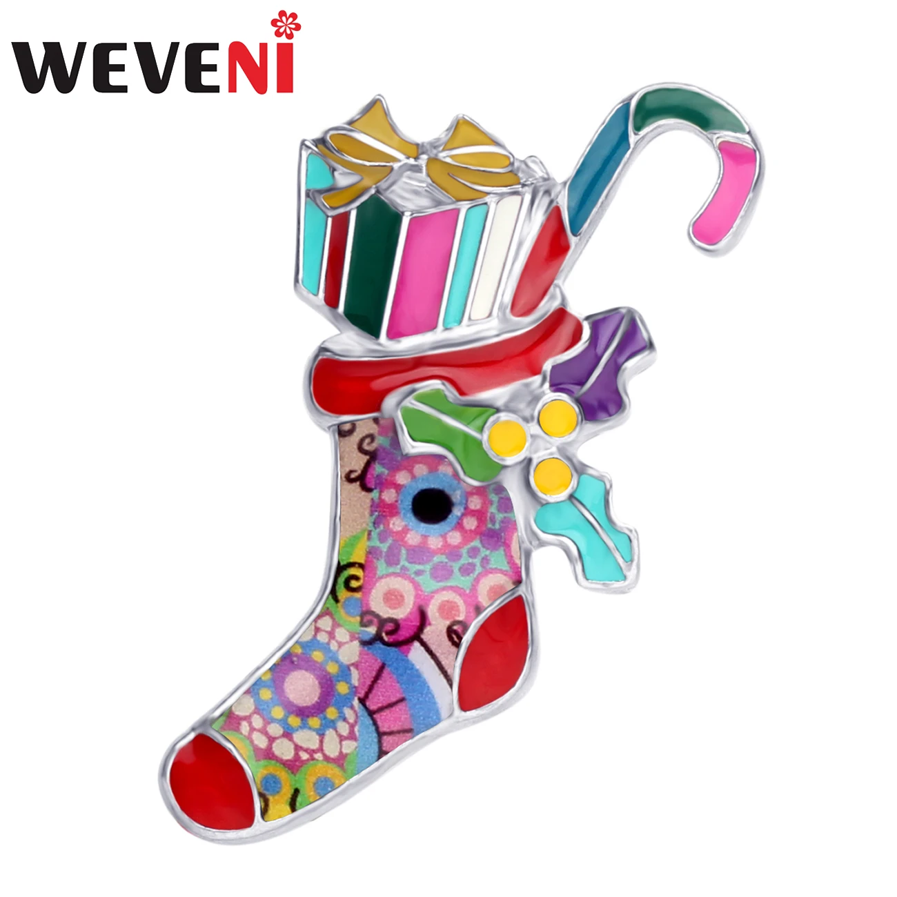 WEVENI Enamel Alloy Christmas Gift Box Socks Brooches Cute Navidad Clothes Scarf Decoration Pin Jewelry For Women Girls Teens