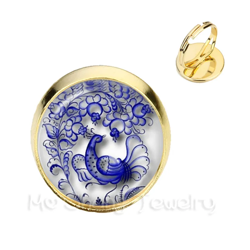 2019 New Hummingbird Rings Peacock Ring Glass Bird Feather Jewelry Flamingo Art Glass Cabochon Jewelry Gift