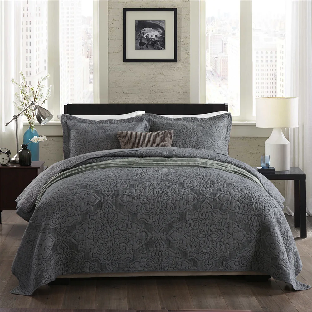 

Gray Cotton Quilt Set 3PCS Bedspread on the Bed Solid Embroidered Quilts with Pillowcase King Queen Size Plain Blanket Coverlet