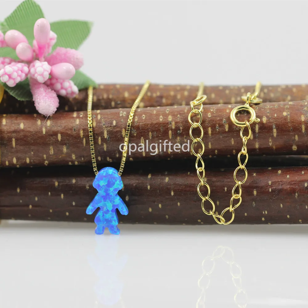 1pc Free Shipping Wholesale 925 Sterling Silver Gold chain Children Necklace OP05 Dark Blue Synthetic 8*13mm Opal Boy Necklace