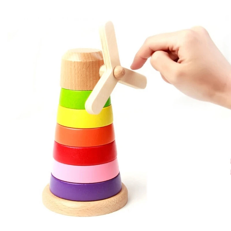 Materiais De Montessori De Madeira Brinquedos Educativos Para Crianças do bebê moinho de vento Torre Pilha Designer Para Crianças Cor Classificadores Para Bebês