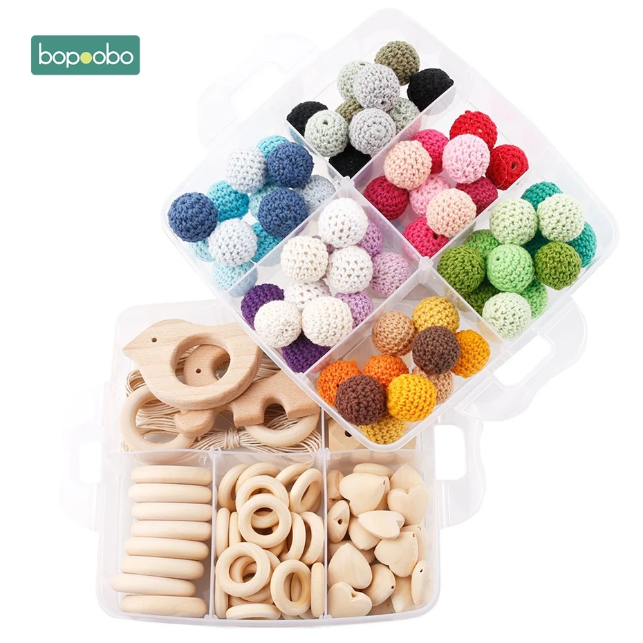 Bopoobo 1set Baby Rattle DIY Jewelry Set Crochet Beads Baby Blending Natural Wooden Beads Silicone Round Geometry Wooden Teether