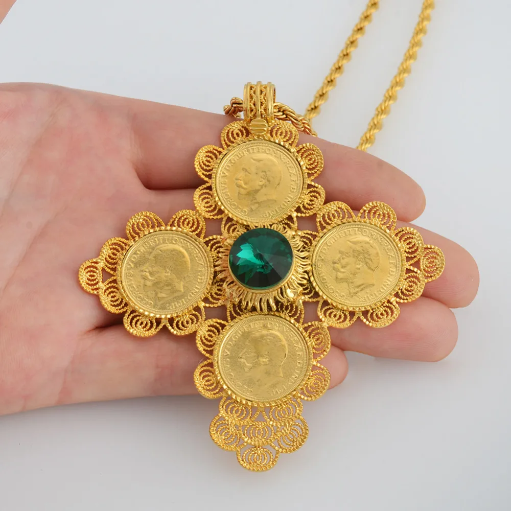 Anniyo Ethiopian Big Cross Pendants Necklaces Women Men Gold Color Jewelry Africa Coin Cross/Eritrea Habesha Necklace #044202