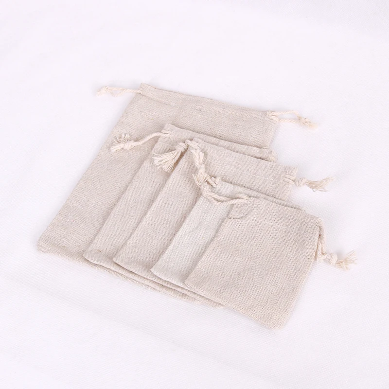 100Pcs/lot Natural Color Cotton Bags Small Party Favors Linen Drawstring Gift Bag Muslin Pouch Sachet Jewelry Packaging Bags