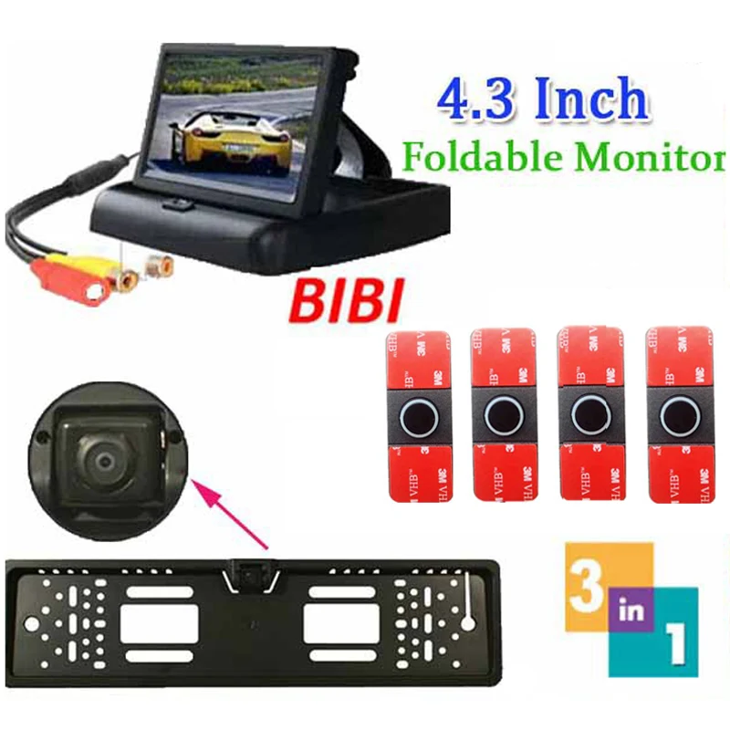 

3 in 1 Car Parking 4 Sensors Backup Radar Rear System 4.3'' LCD Monitor & Russia License Plate Frame Parking Reverse Camera