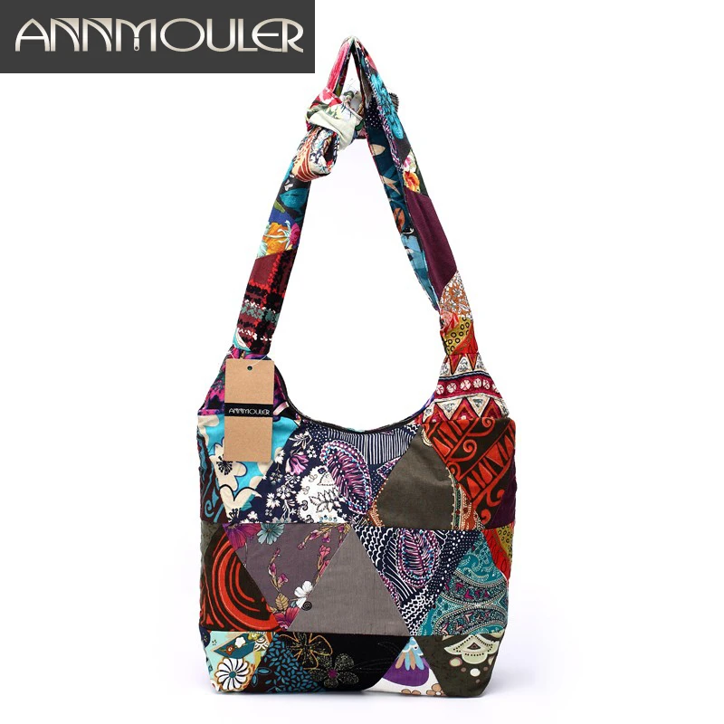 Annmouler Brand Women Sling Shoulder Bag Cotton Fabric Handbags Large Messenger Bag Floral Hobo Bag  Hippie Patchwork Hippie Bag