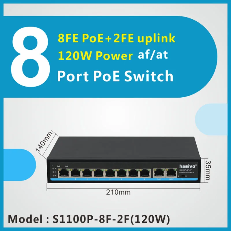 8 port Fast Switch  PoE switch support VLAN  250M  PoE Network for IP Camera 10/100Mbps Network 2 gigabit uplink