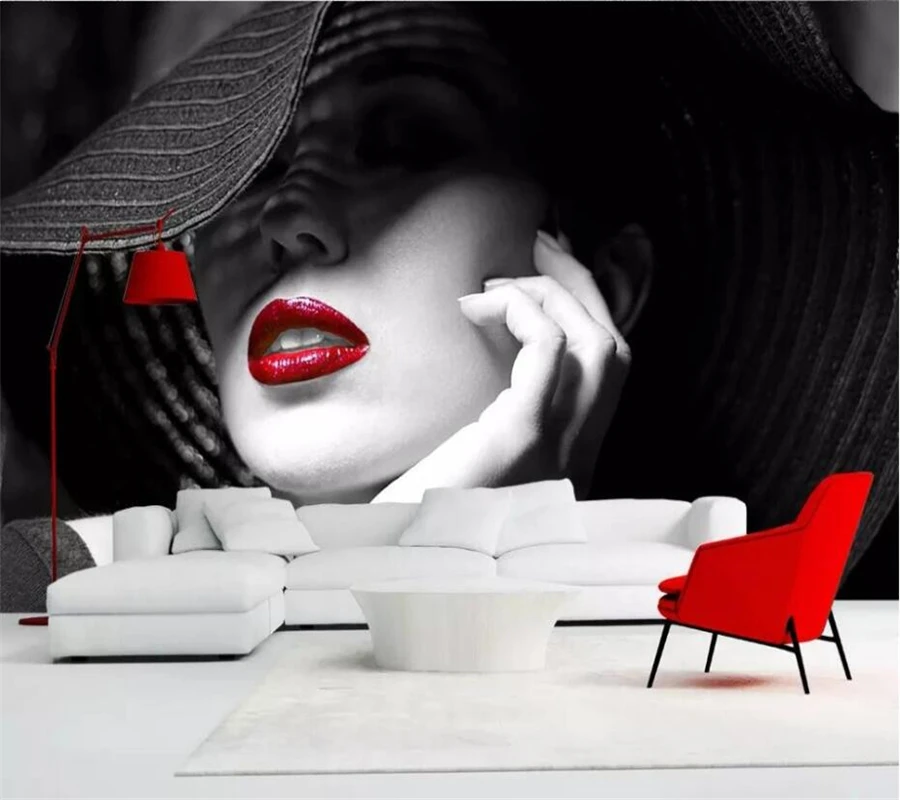 wellyu Custom wallpaper black and white contrast color red lips modern minimalist fashion TV sofa background 3d wallpaper