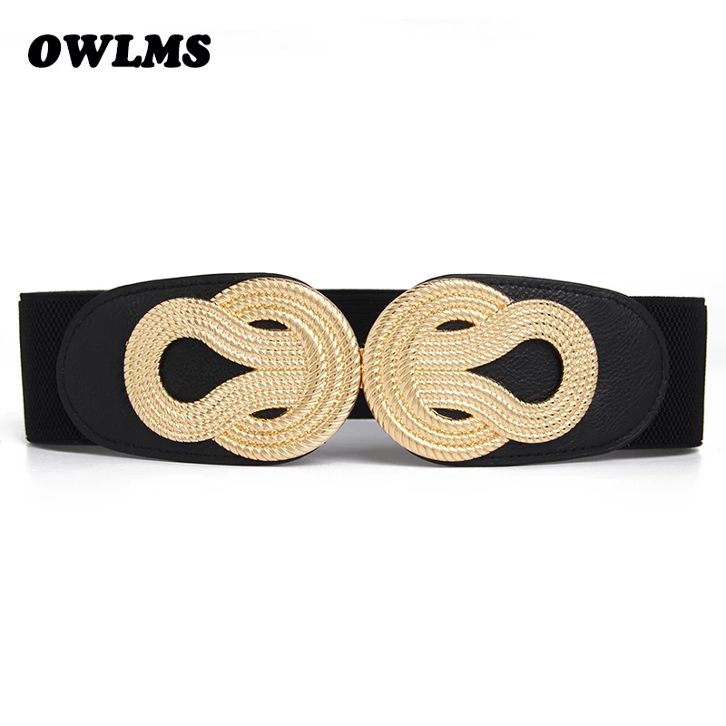 HOT Sale Elastic Cummerbunds Women Trendy Newest Gold Metal Big Bow Buckle Cummerbund Black PU Leather Wide Waist Belts Ladies