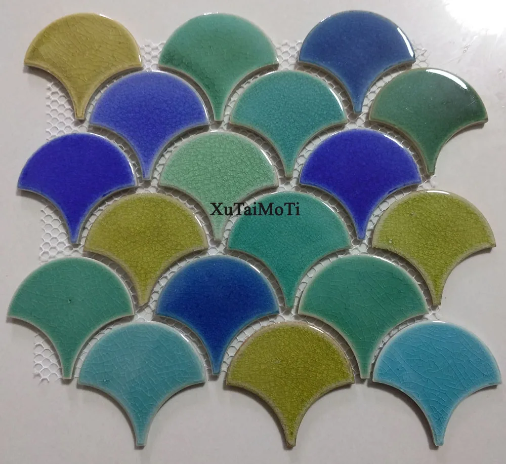 Hot Promation 11pcs blue green yellow fish scale ceramic mosaic tile kitchen backsplash bathroom wallpaper wall fan decoration