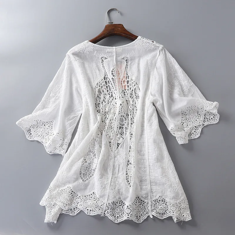 Lace Cardigan Cotton Embroidery Shawl with Belt Seaside Holiday Blouse Top Shirt Women Hollow Out Spring Korean Fashion Clothing