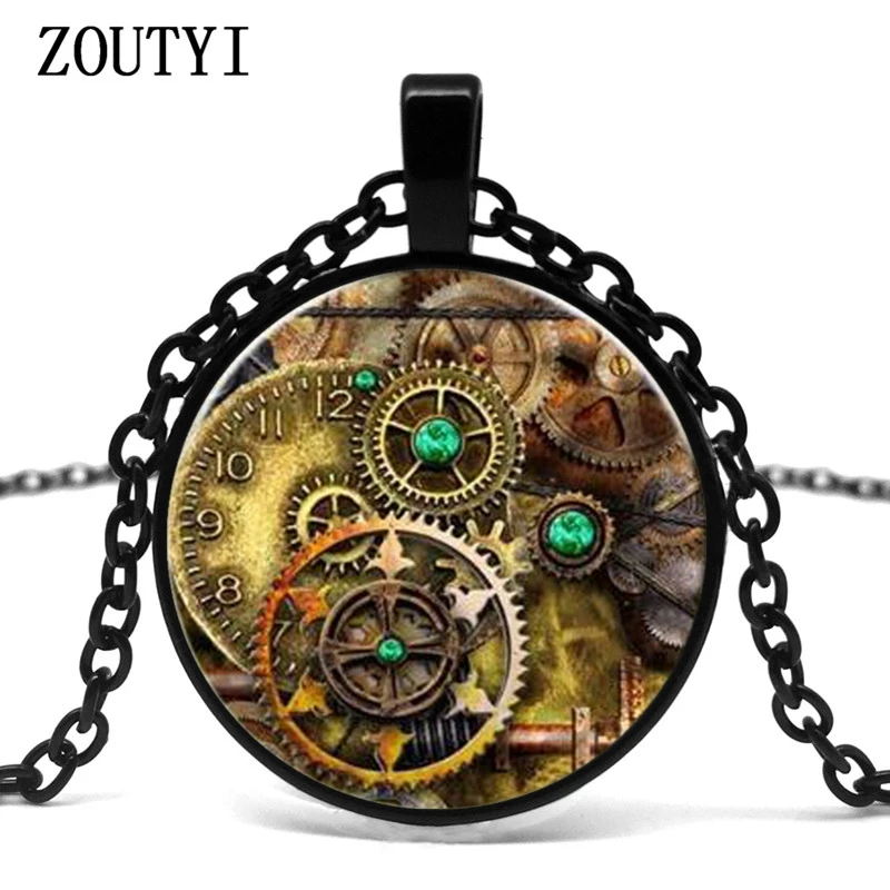 2018 new product, steampunk gear pattern concave glass pendant necklace, men and women necklace, wholesale