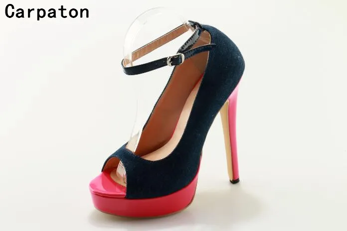 

Carpaton fashion dark blue heels and pink color high heel peep toe sexy pumps buckle strap women platform shoes cusual stiletto