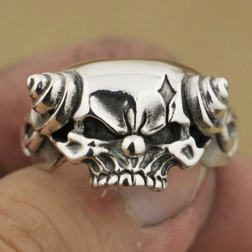 

LINSION 925 Sterling Silver Handmade Joker Skull With Horn Mens Biker Punk Ring TA79 US Size 7~15