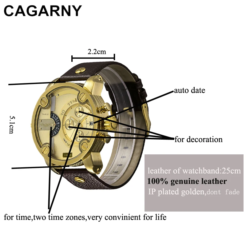 Cagarny Quartz-Watch Men Casual Men\'s Quartz Watches Golden Sport Russian Army Military Watch Man Dual Time Zone Display Clock