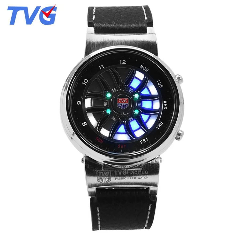 Top Brand TVG Led Watch Men Creative Car Roulette Blue Led Dispaly Binary Watch Men Fashion Men Sports Watches relogio masculino