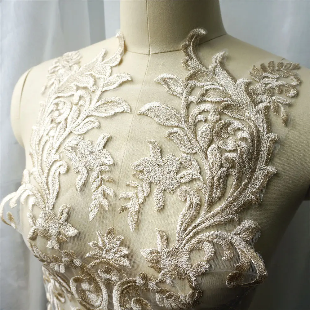 Light Gold Embroidery Lace Applique Flower Fabric Lace Trim Sewing Collar Patch Wedding Gown Dress Bridal DIY Clothes Crafts