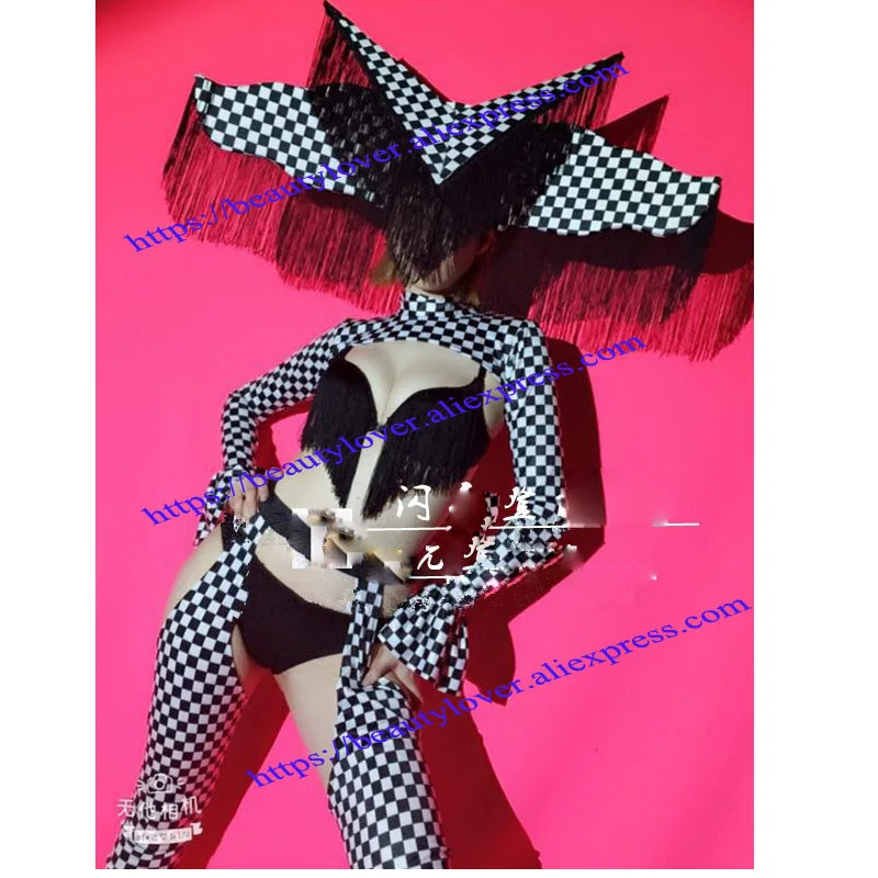 Sexy Gogo stage dance wear Black and white plaid tassel headdress gogo dance team bikini bar costume