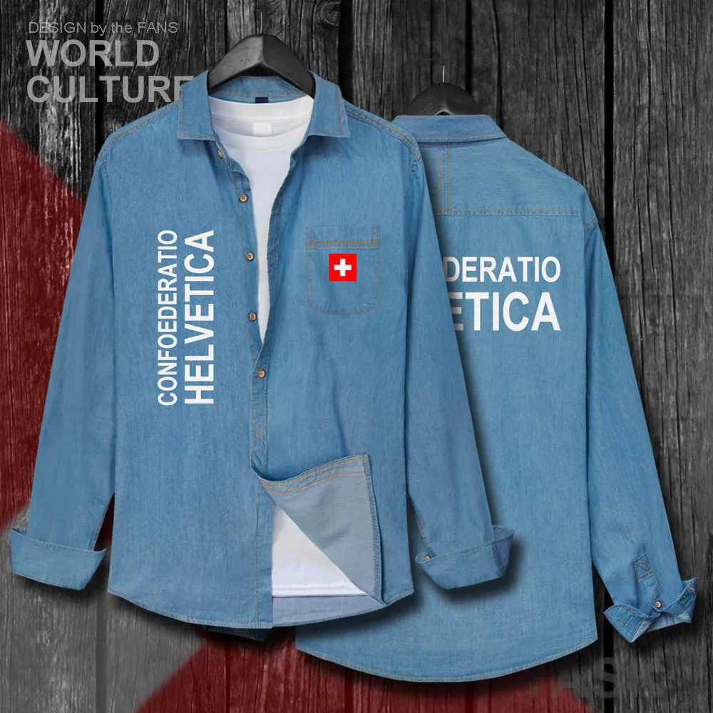 Swiss Confederation Switzerland CHE CH Confoederatio Helvetica Men Clothes Autumn Cotton Jean Shirt Long Sleeve Cowboy Coat Flag