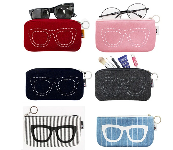 

lightweight felt cloth eyeglass pouch with zippers and keychain also suitable for cosmetics and mobile phone