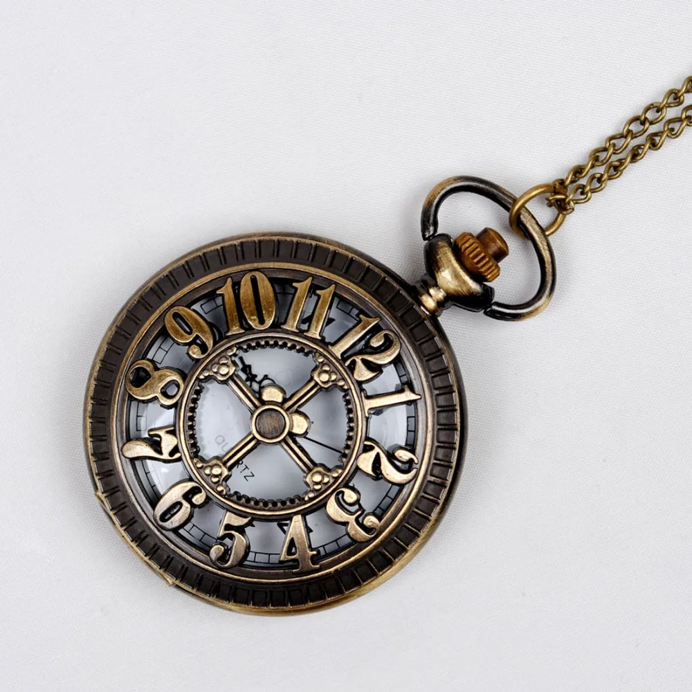 8038   Shell Skeleton Arabic Digital Pocket Watch Bronze Retro Chain Perspective Fashion Leisure Gifts For Men and Women