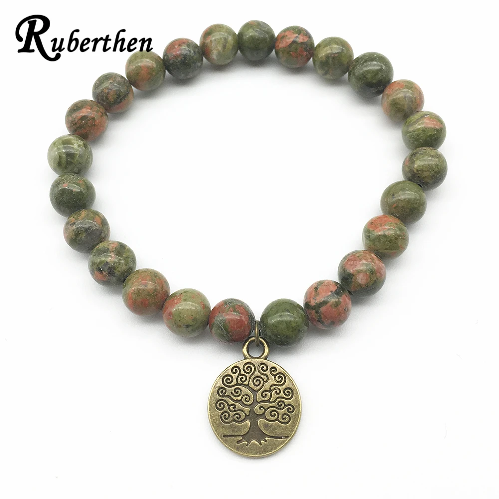 Ruberthen New Mens Bracelet Set Trendy Design Buddish Unakite Jasper Bracelet Tree of Life Charm Balance Bracelet