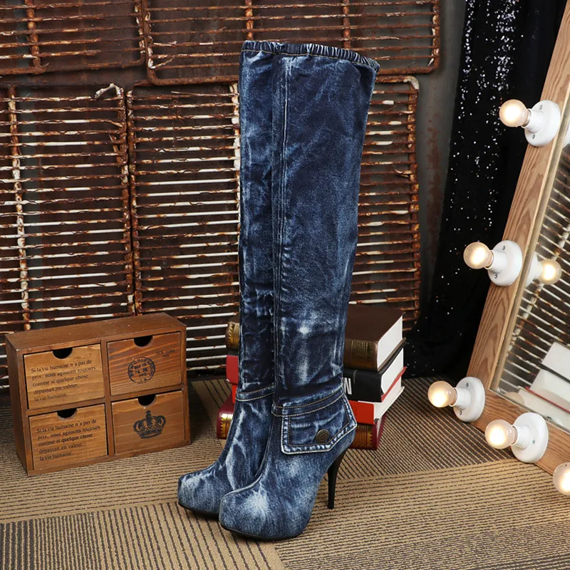 

Women Blue Denim Long Boots Platform 11cm Thigh High Heels Autumn Boots for Woman Fashion Cowgirl Bottines Mujer Botas Feminino