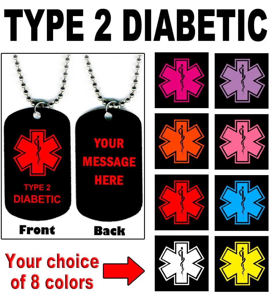 

high quality custom DIABETIC TYPE 2 MEDICAL ALERT NECKLACE Black aluminum dog tag cheap 8 Colors MEDICAL ALERT Dog Tag