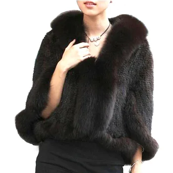 Autumn Winter Ladies' Genuine Knitted Mink Fur Shawls Fox Fu...