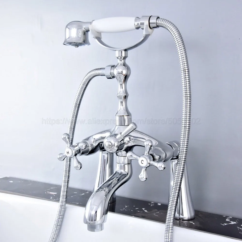 

Polished Chrome Deck Mounted Two Handle Bathtub Faucet Telephone Style Dual Hole Bathtub Mixer with Handshower Head ztf755