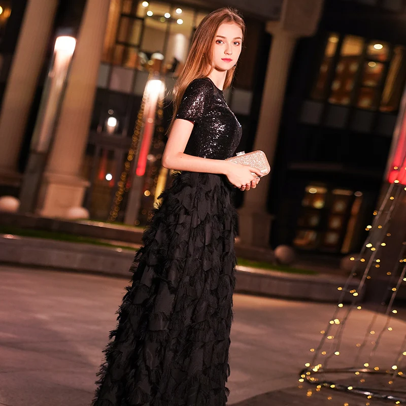 Customized Long Evening Dresses Women Elegant Sexy Lace O neck Long Evening Gown Black Sequined Dress robe de soiree WY1083