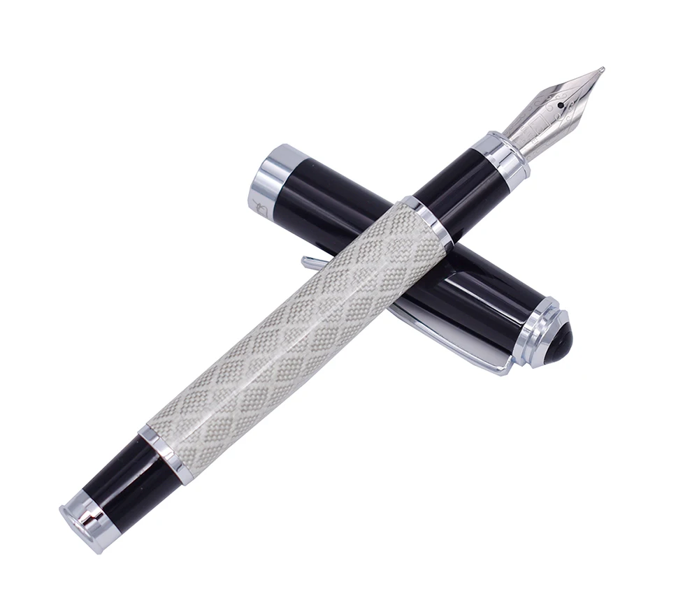 Fuliwen Carbon Fiber Fashion Fountain Pen Medium Nib 0.7mm , Advanced Bevel Silver Grid and Black Cap Writing Pen for Office