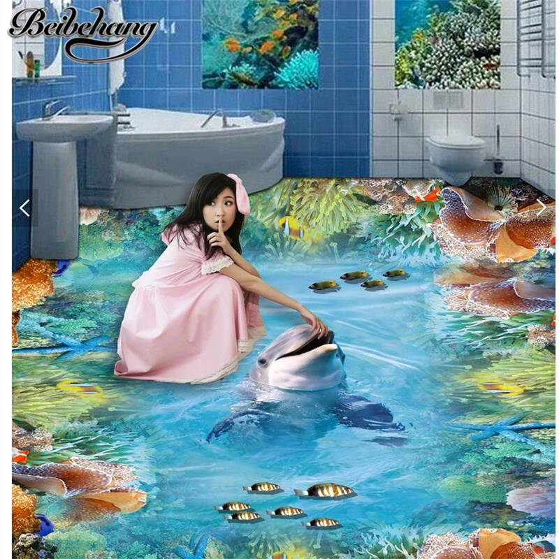 

beibehang Living room shopping floor floor stickers custom creative self - adhesive dolphin coral reef 3D painting wallpaper