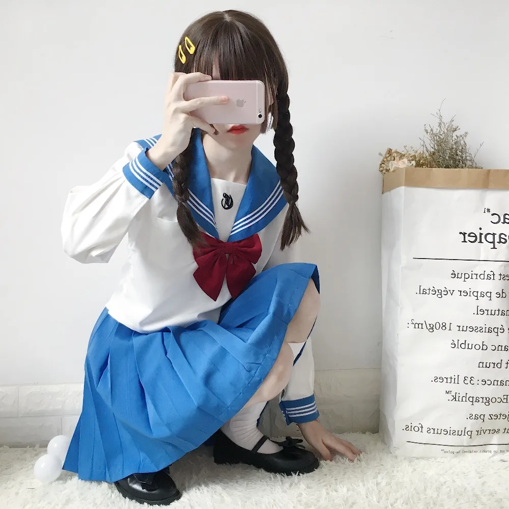 女の子のための日本の制服セーラートップタイスカートネイビースタイルの学生服ララチアリーダー服