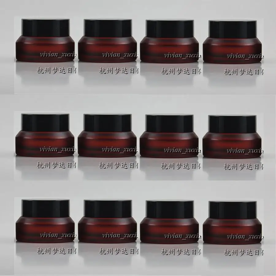 

30PCS wholesale 15g rose red frosted glass cream jar with black plastic lid, frost 15g cosmetic glass empty jar for eye cream