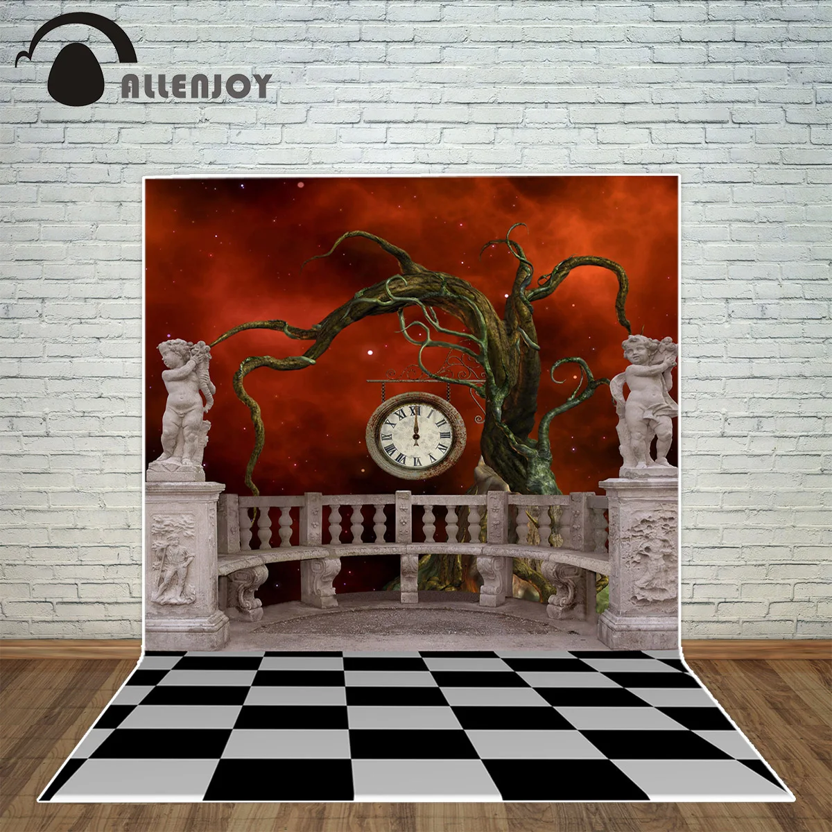 Allenjoy photography backdrop Strange dead tree clock statue red star sky black white grid ground background camera fotografica