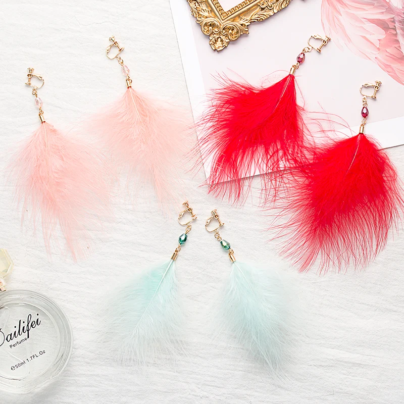 GRACE JUN Hot Sale Large Feather Crystal Clip on Earrings and Long Drop Pierced Earrings Party Wedding Charm Earrings Wholesale