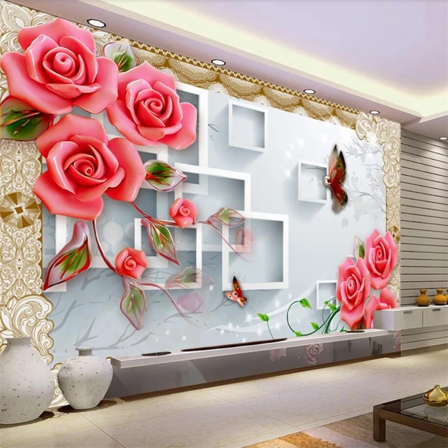 beibehang Custom wallpaper 3d photo mural square jade carving rose background wall decorative painting wallpaper papel de parede