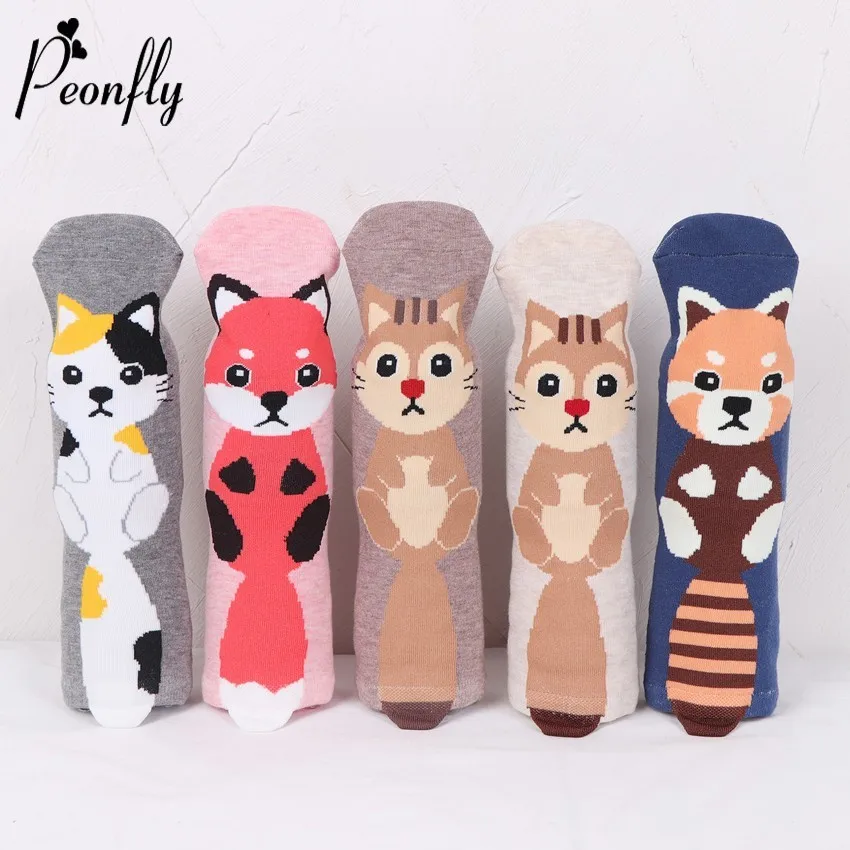 PEONFLY Autumn Fashion Women Cartoon Animal Ear Cotton Short Socks Printing Funny Cat Fox Squirrel Pattern Female Socks Hosiery