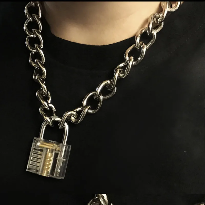 

Men Women Unisex Metal Chain Choker Necklace Mechanical Steampunk Transparent Clear Square Lock and Key Choker Collar