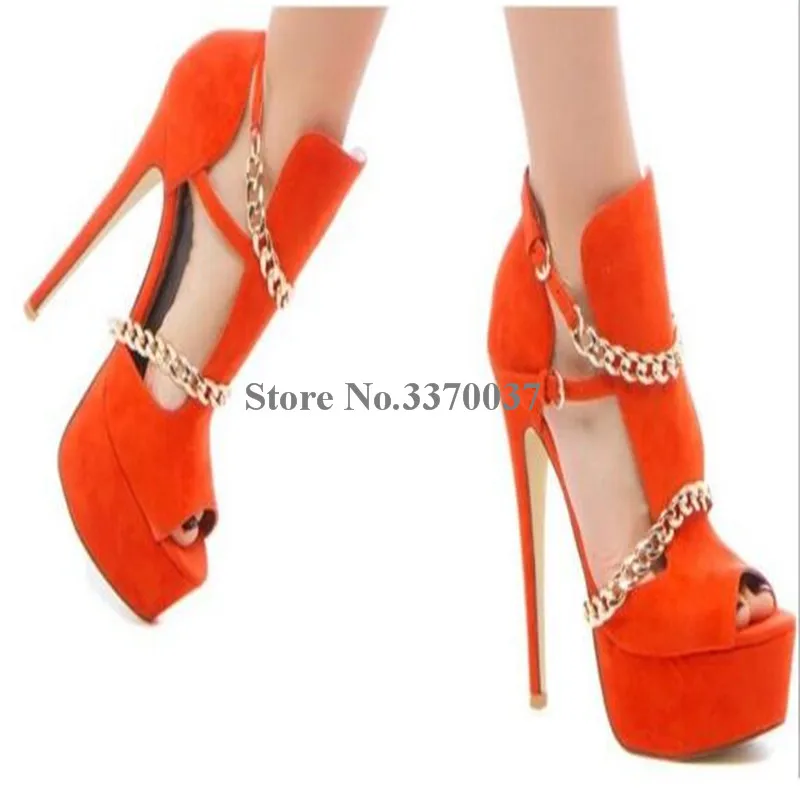 Ladies Unique Style Charming Gold Chains Design High Platform Gladiator Sandals Purple Orange Suede Leather High Heels