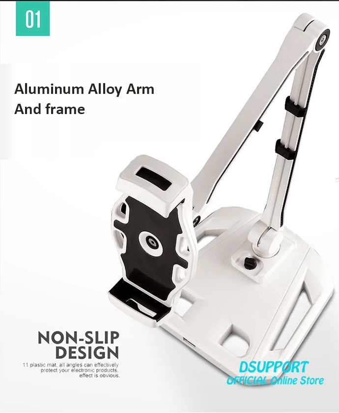 Suporte de alumínio para tablet/smartphone, rotação 360 graus, dobrável, liga de alumínio, 4.7 a 12.2 polegadas, base grande, carregador usb