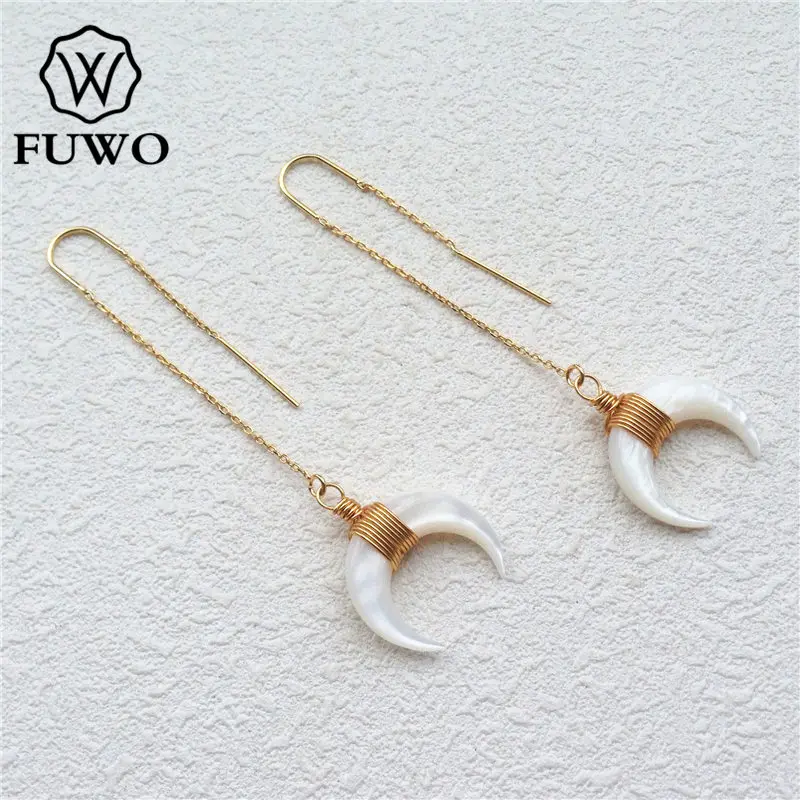 FUWO Natural White Mother of Pearl Crescent Threader Earring With Gold Brass Plated Fashion Double Horn Jewelry Wholesale ER516