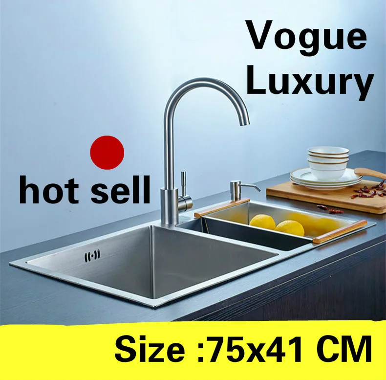 

Free shipping Apartment kitchen manual sink double groove food grade 304 stainless steel vogue hot sell small 75x41 CM