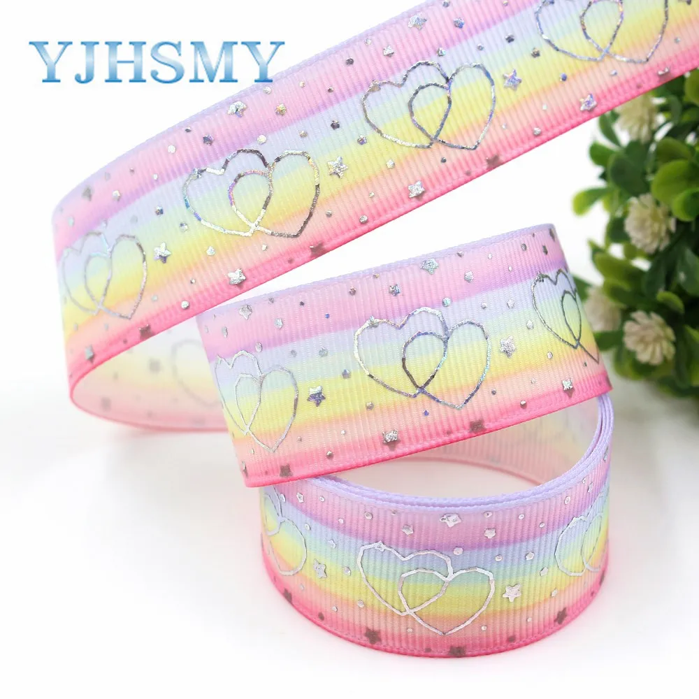 YJHSMY I-19326-787 25mm 10yards laser Silver cute cartoon love Printed grosgrain ribbon DIY handmade headdres wedding gift wrap